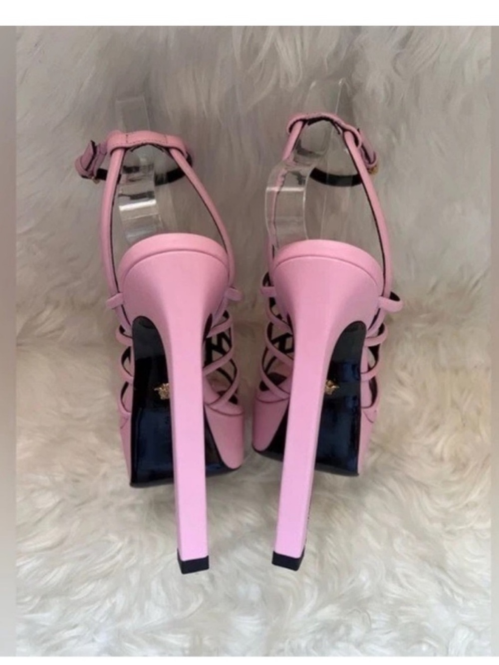 New! VERSACE Greca Maze Pink Leather Platform Sandals Heels IT 38 - Picture 11 of 13